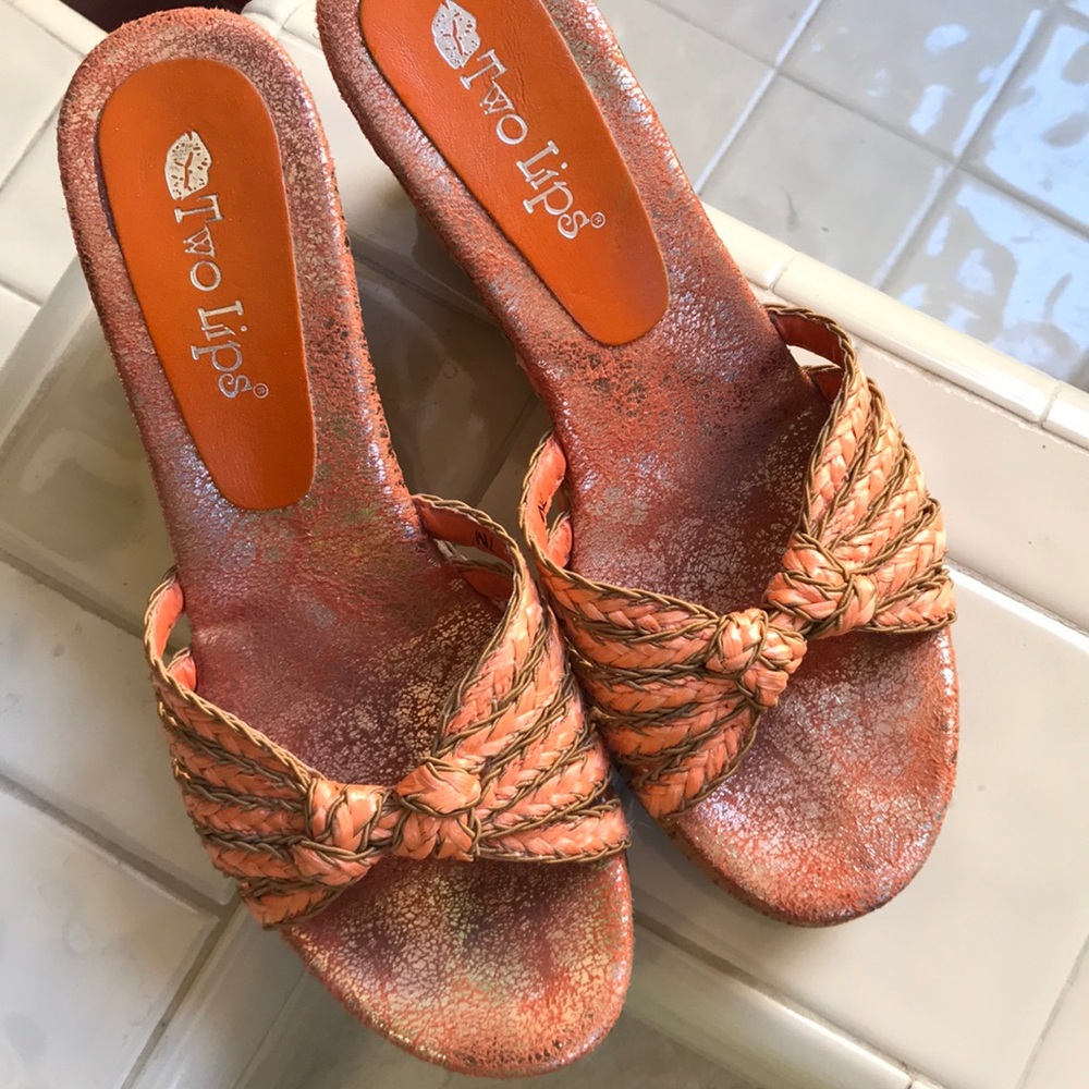 Two Lips orange wedge sandals